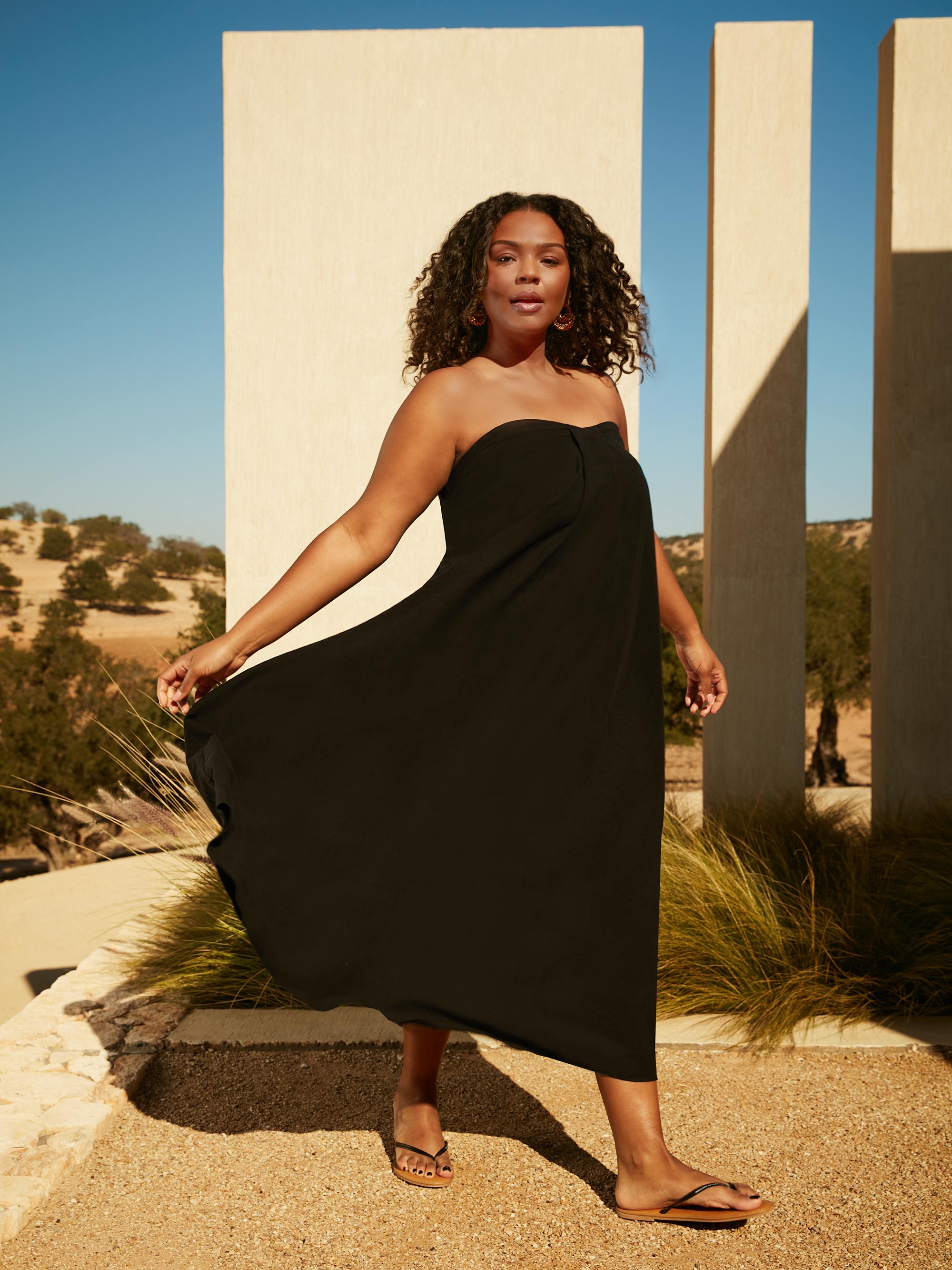 Black Linen Mix Bandeau Midaxi Dress