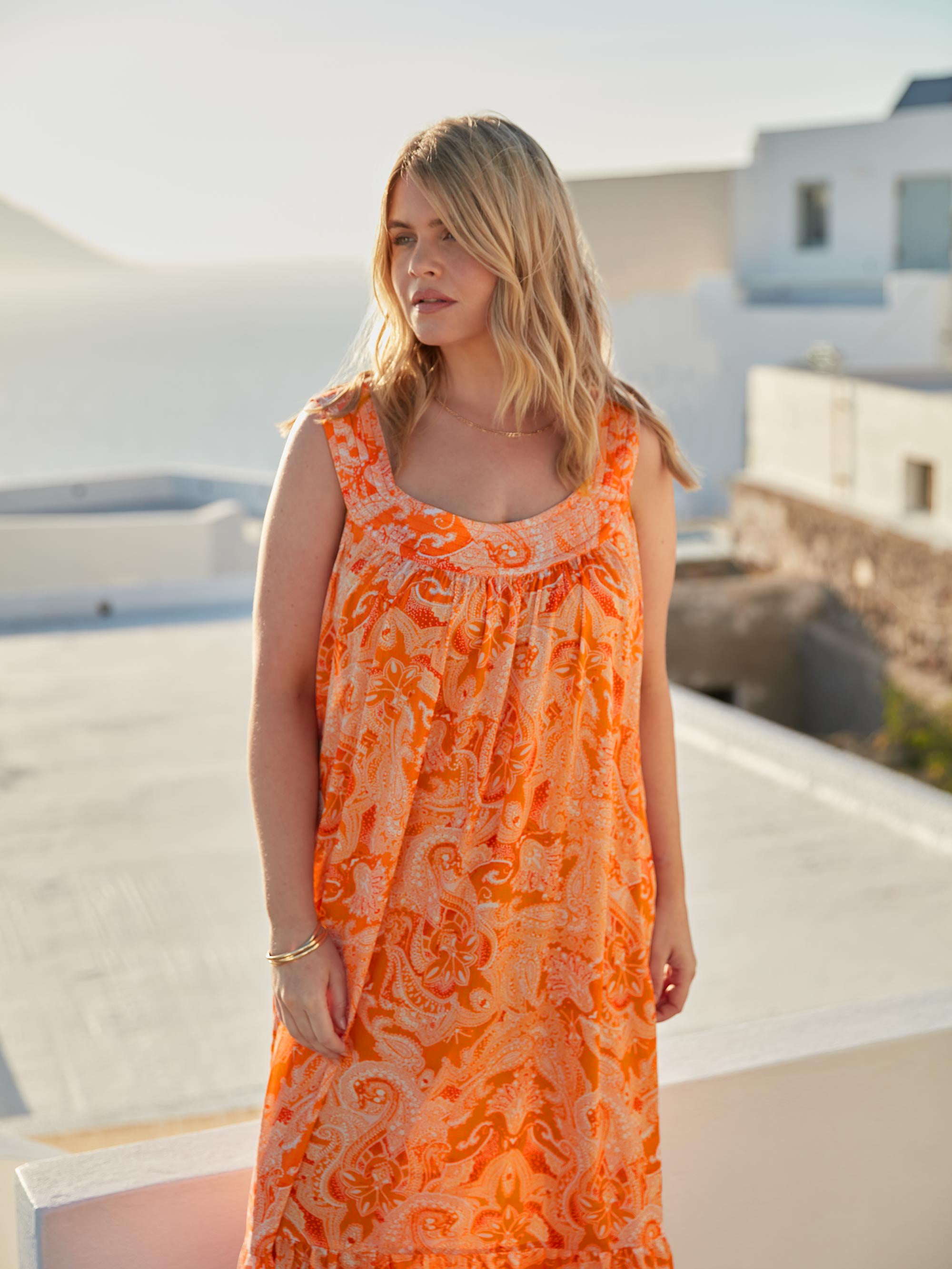 Orange Paisley Tiered Midaxi Dress