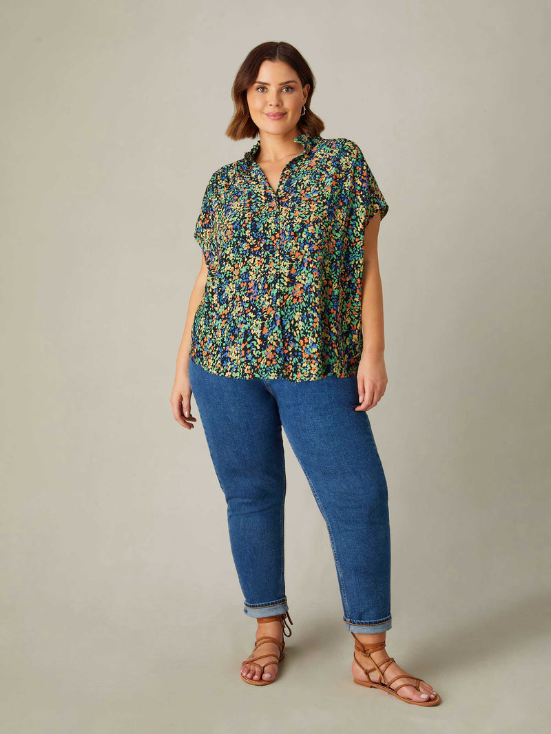 Multi Ditsy Frill Collar Sleeveless Blouse
