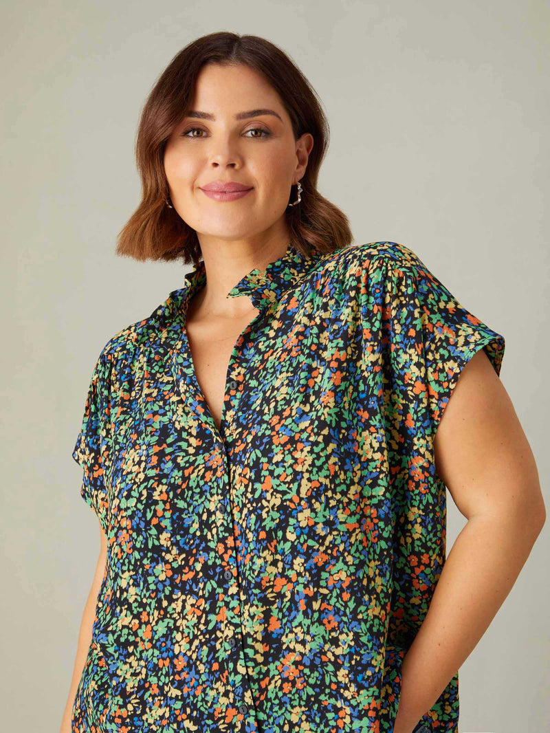 Multi Ditsy Frill Collar Sleeveless Blouse