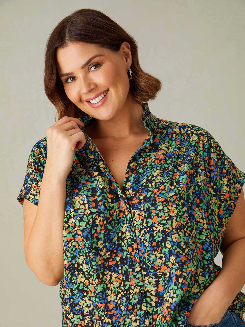 Multi Ditsy Frill Collar Sleeveless Blouse