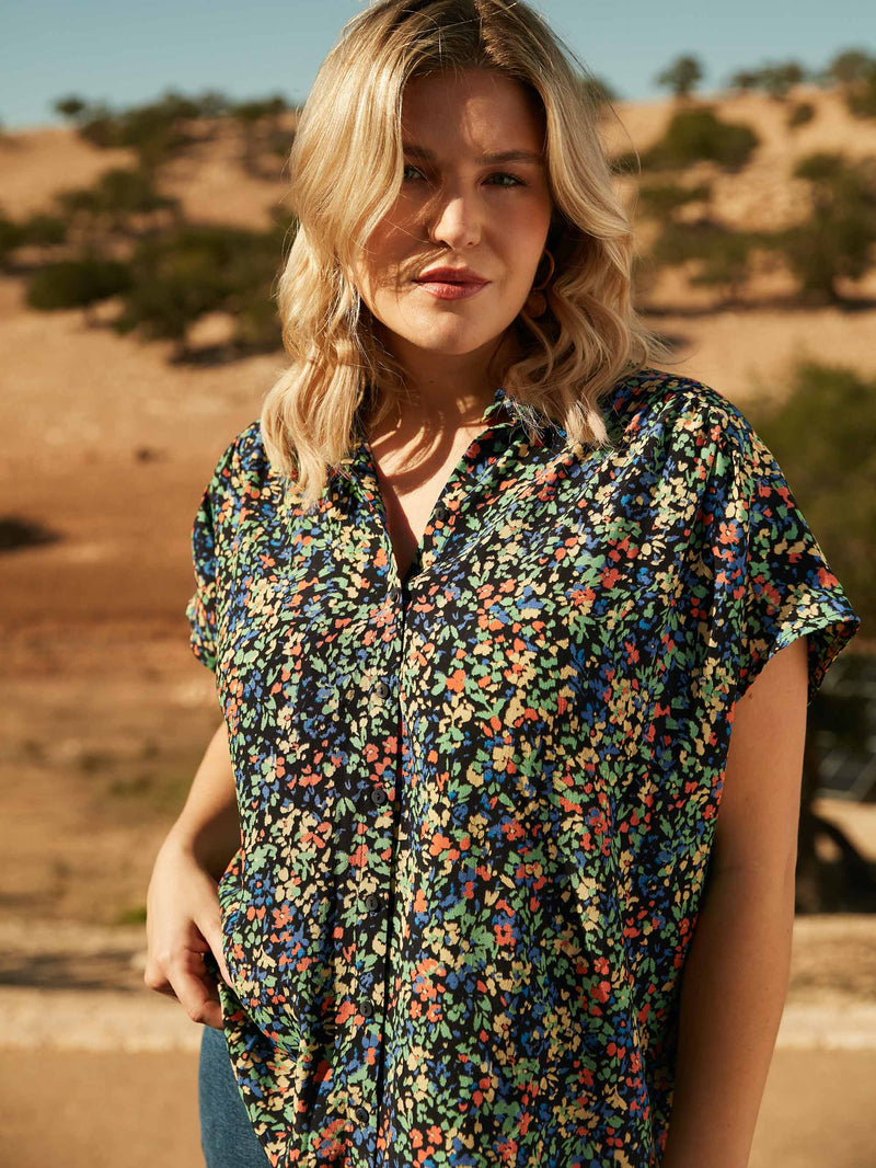 Multi Ditsy Frill Collar Sleeveless Blouse