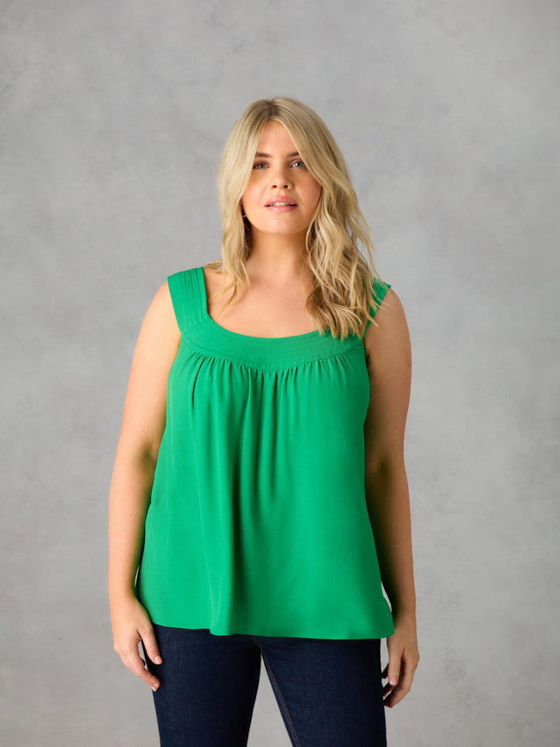 Green Pleat Neck Sleeveless Blouse