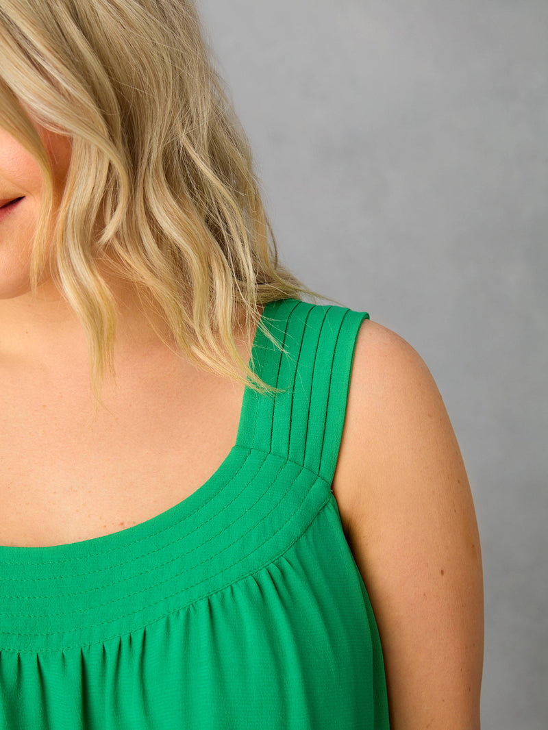 Green Pleat Neck Sleeveless Blouse