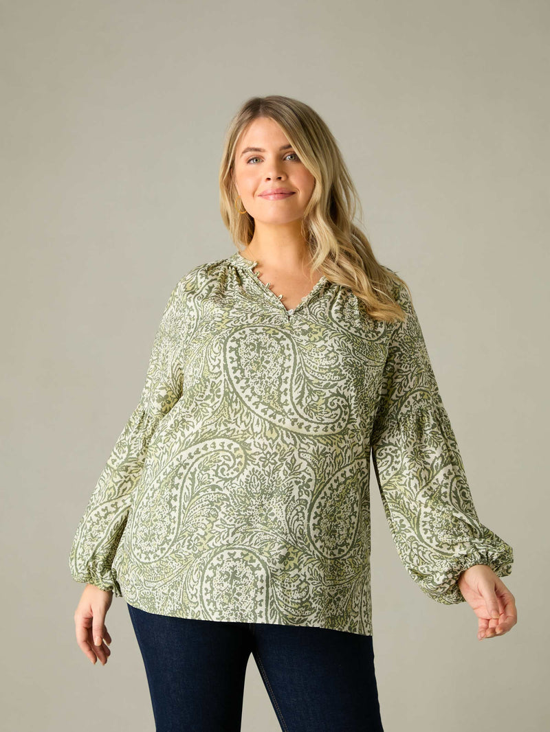 Green Paisley Nehru Collar Blouse