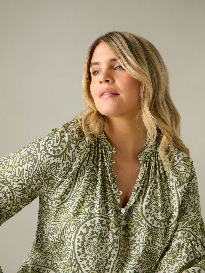 Green Paisley Nehru Collar Blouse