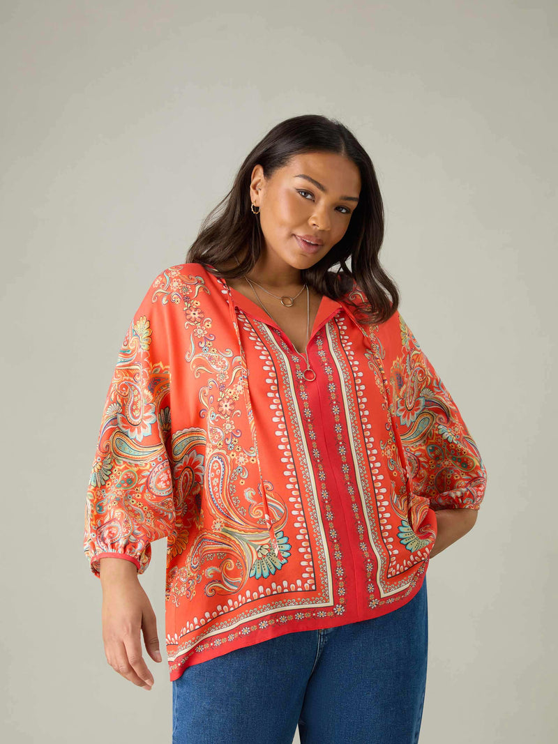 Multi Scarf Print Tie Neck Blouse