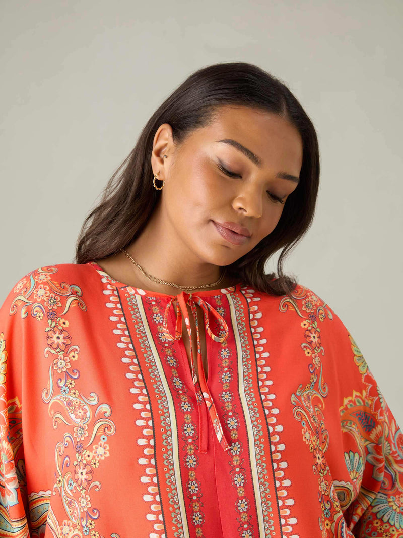 Multi Scarf Print Tie Neck Blouse