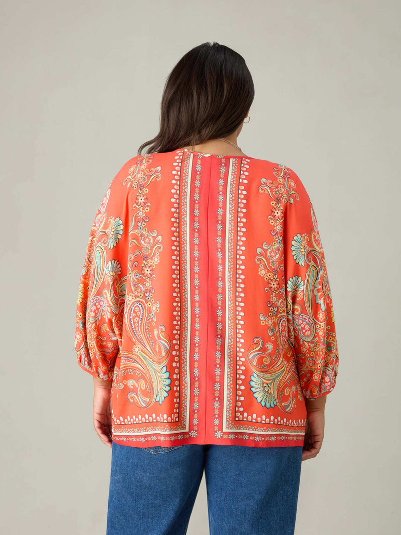 Multi Scarf Print Tie Neck Blouse