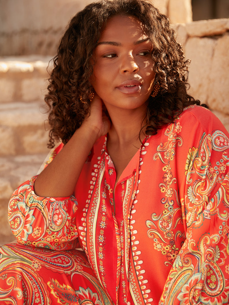 Multi Scarf Print Tie Neck Blouse