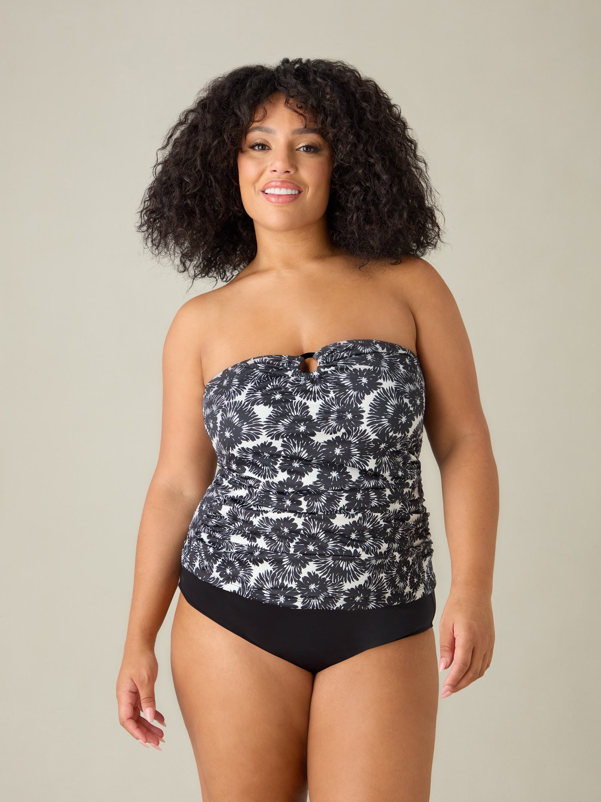 Mono Leaf Print Bandeau Tankini Top