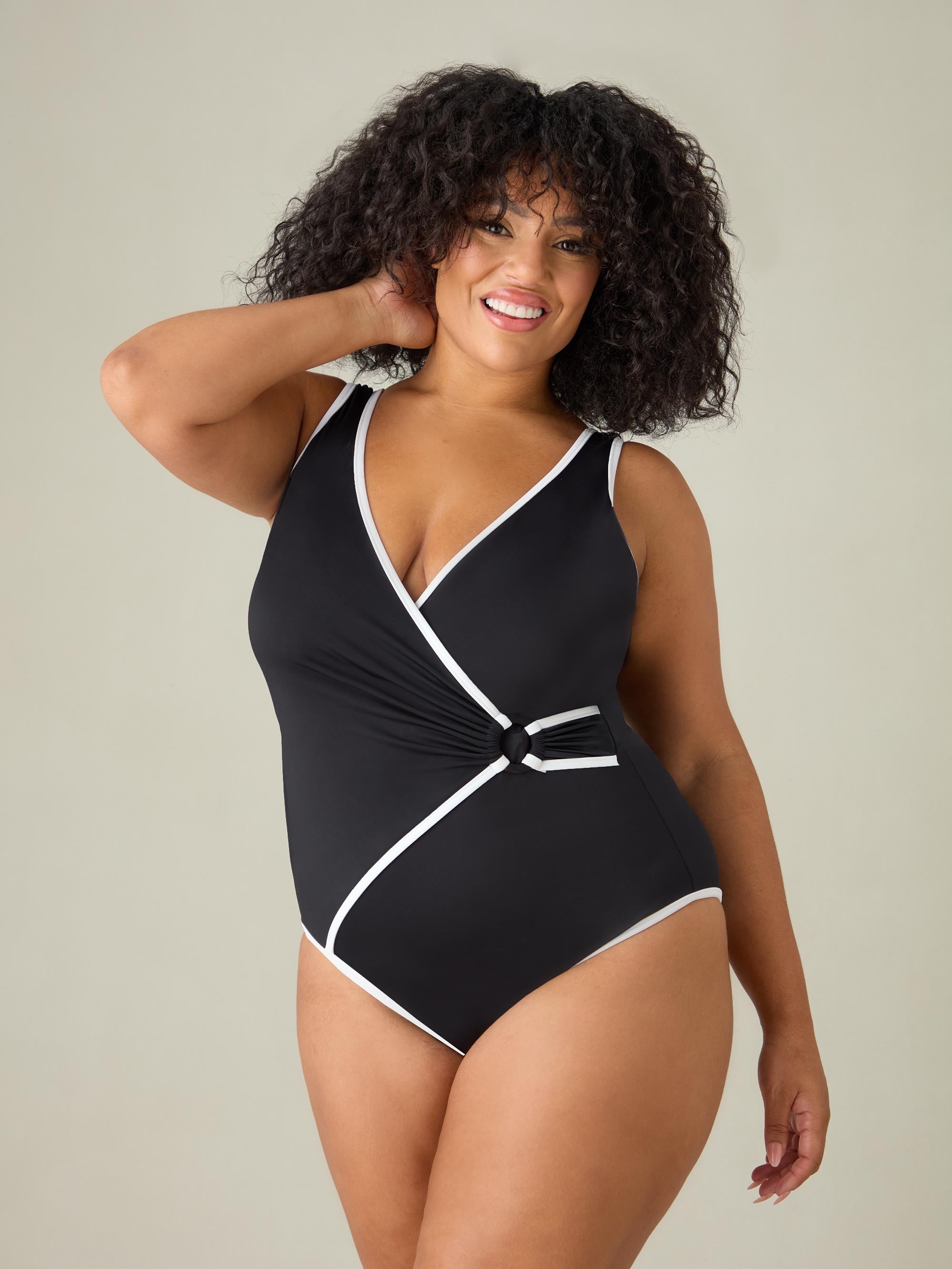 Black Contrast Wrap Front Swimsuit