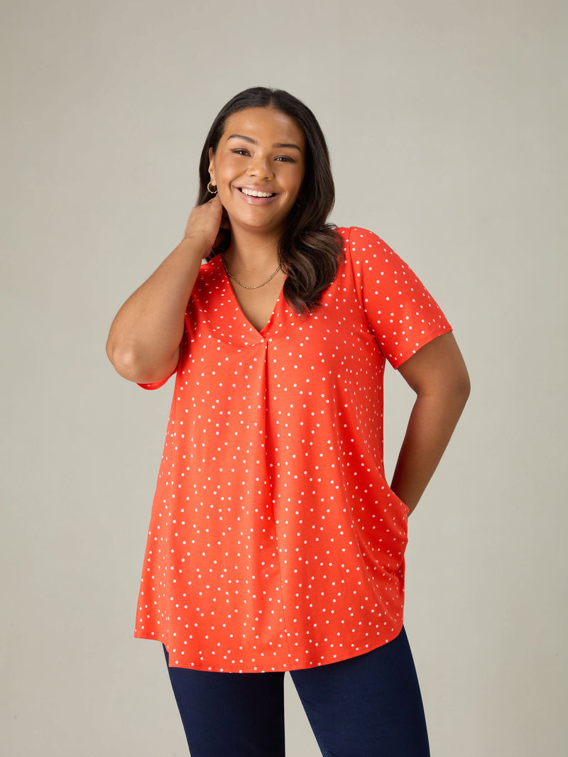 Red Spot Print Jersey Pleat Front Top