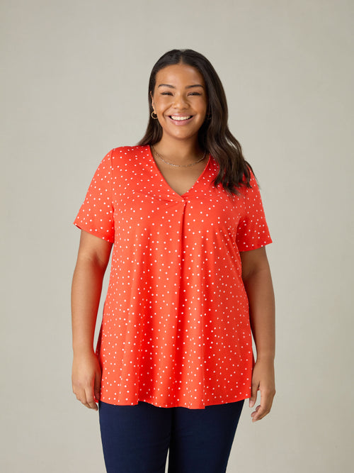 Red Spot Print Jersey Pleat Front Top