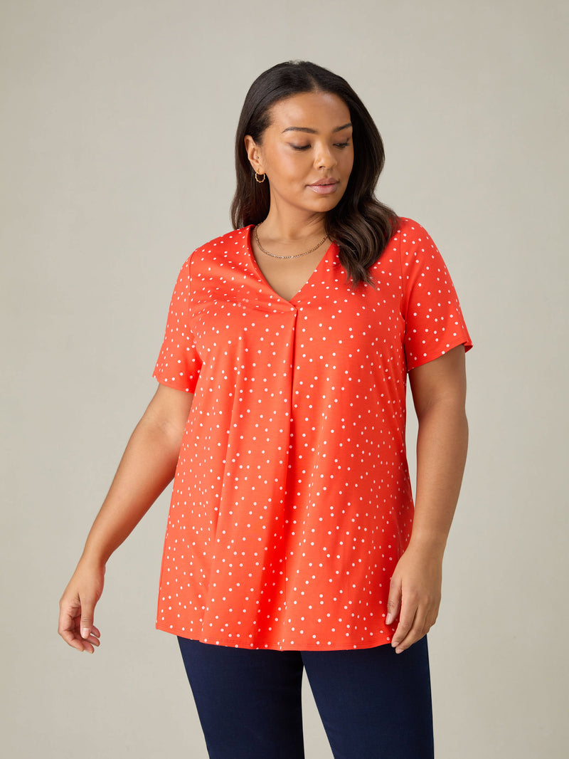 Red Spot Print Jersey Pleat Front Top