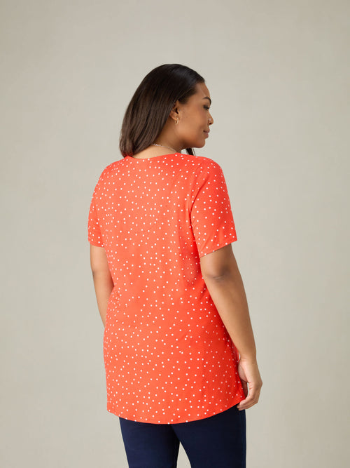 Red Spot Print Jersey Pleat Front Top