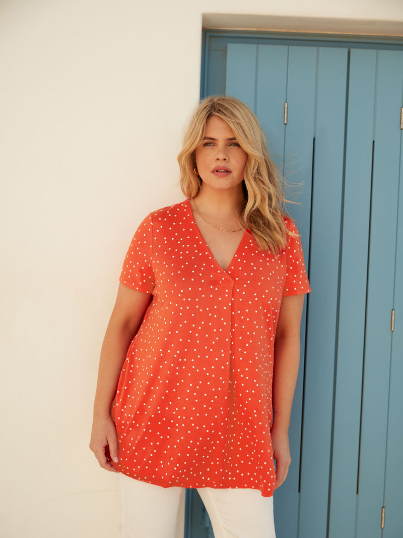 Red Spot Print Jersey Pleat Front Top