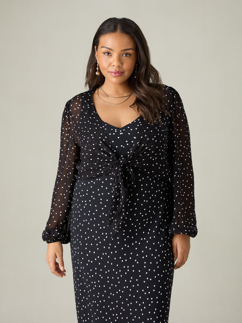 Petite Mono Spot Print Tie Front Cover Up