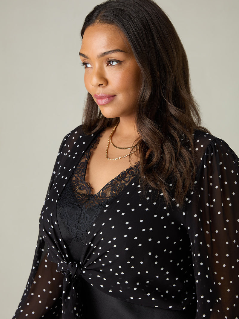 Petite Mono Spot Print Tie Front Cover Up