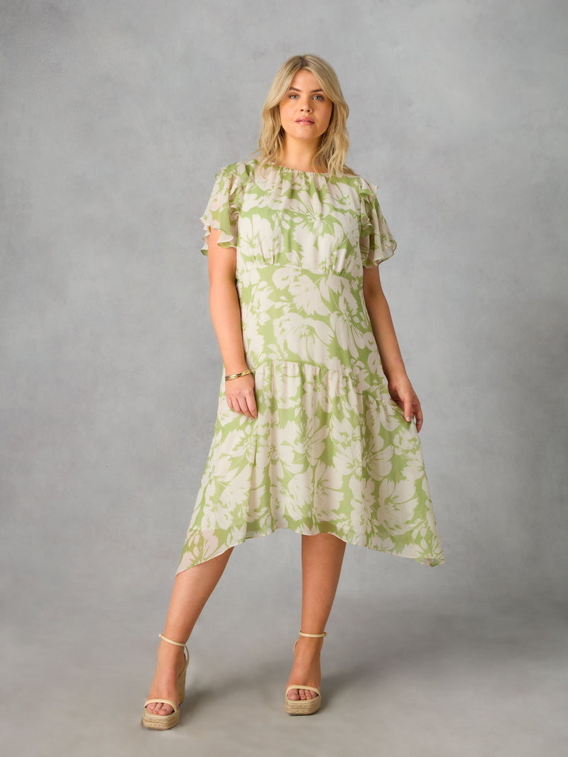Green Floral Ruffle Sleeve Midi Dress