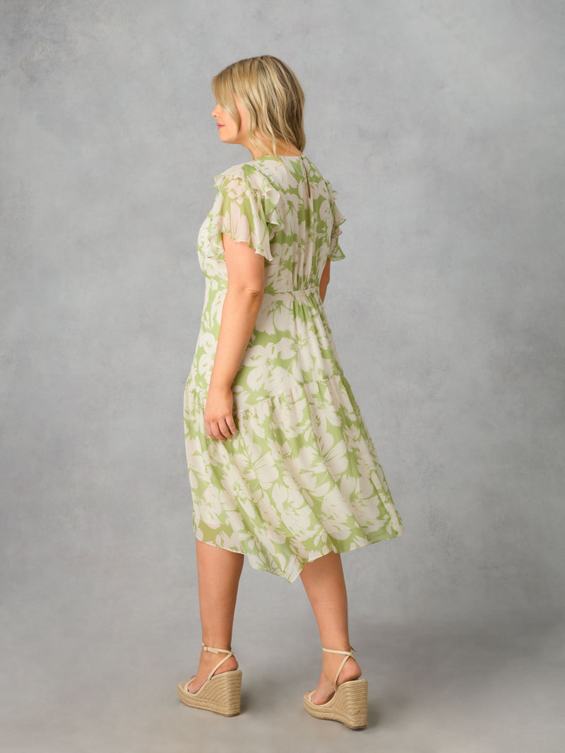 Green Floral Ruffle Sleeve Midi Dress