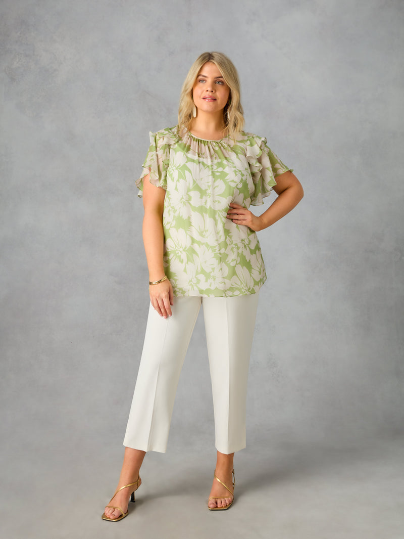 Green Floral Ruffle Sleeve Blouse
