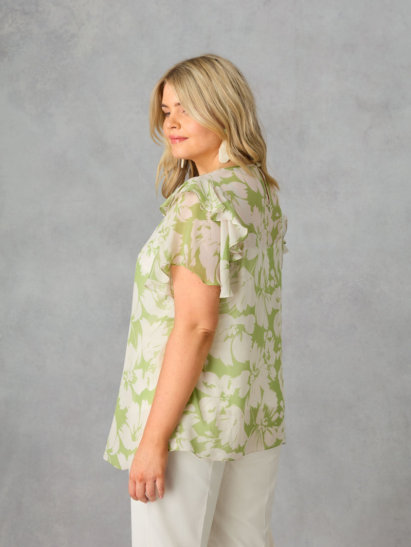 Green Floral Ruffle Sleeve Blouse