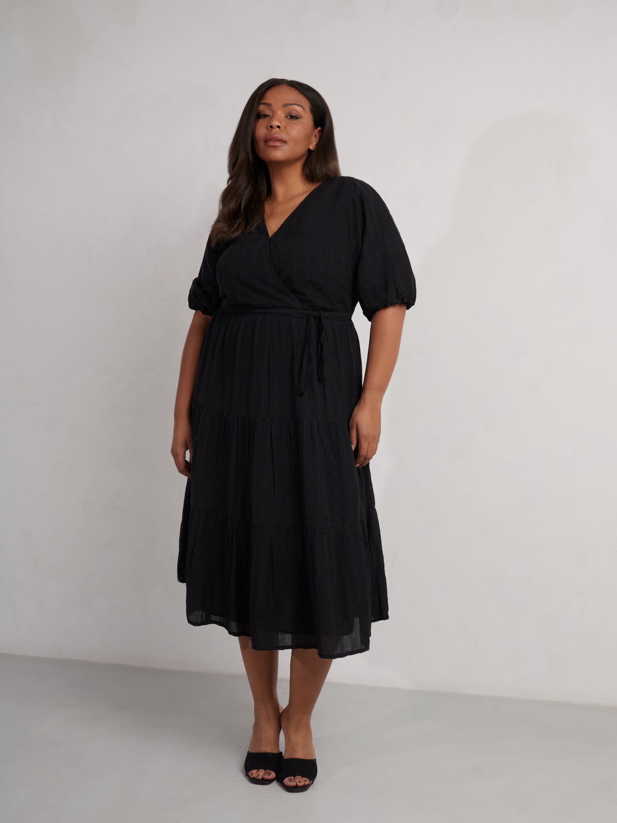 Black Textured Tiered Midi Dress