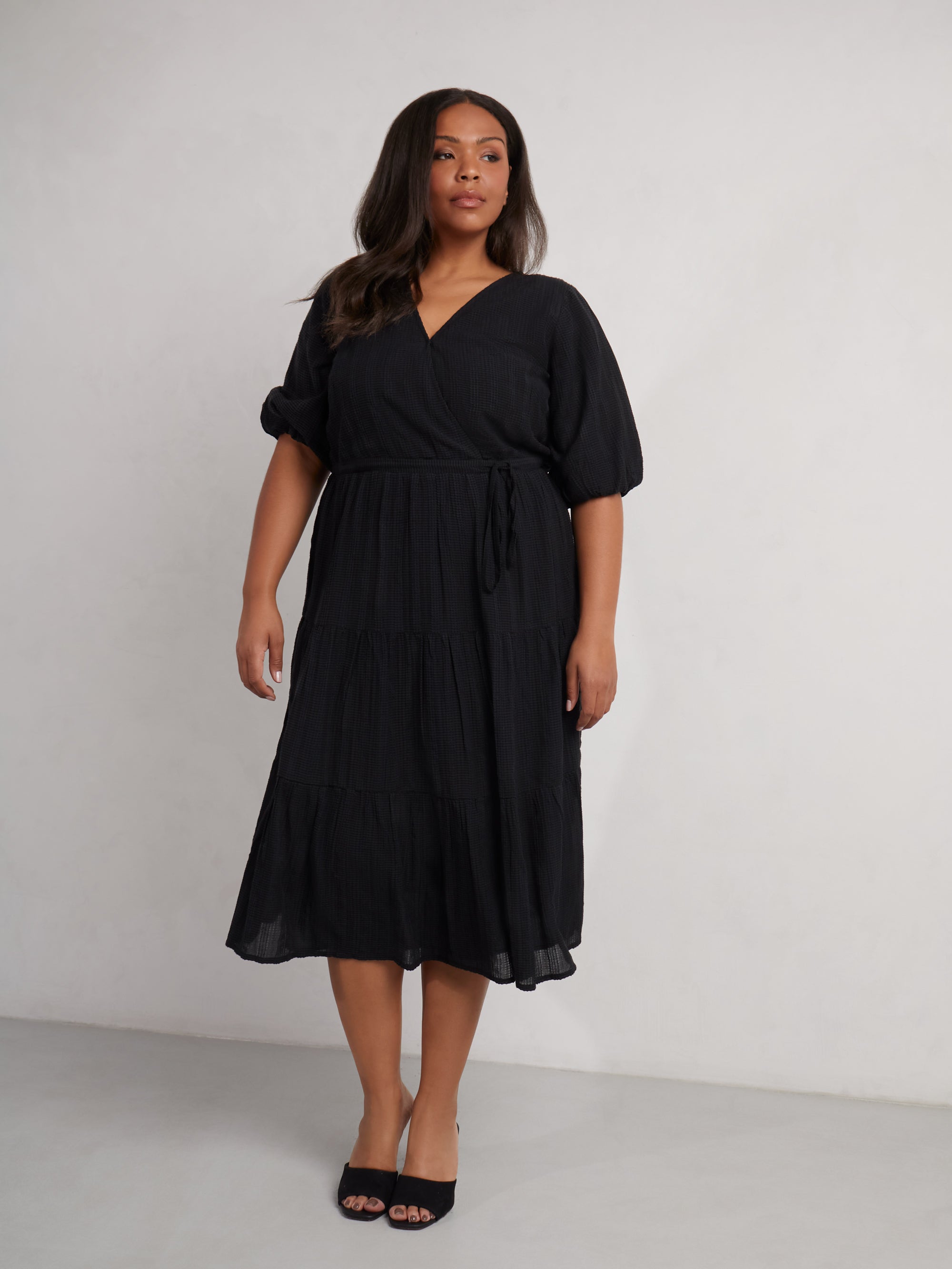 Black Textured Tiered Midi Dress