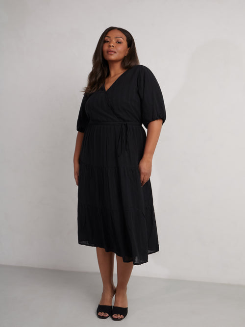 Black Textured Tiered Midi Dress