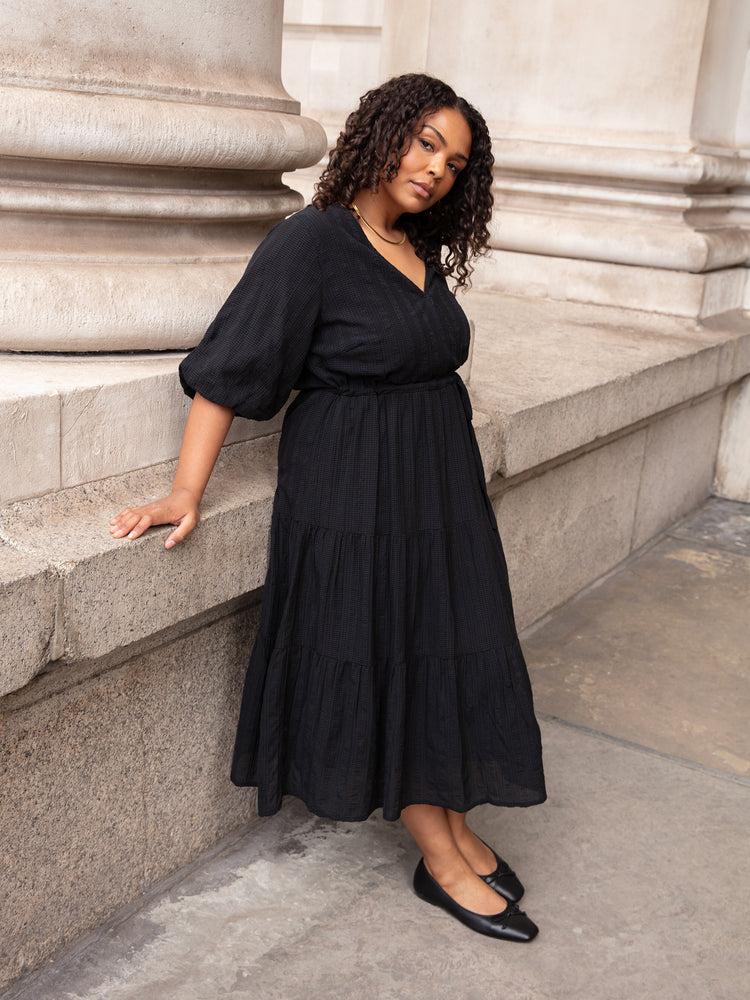 Black Textured Tiered Midi Dress