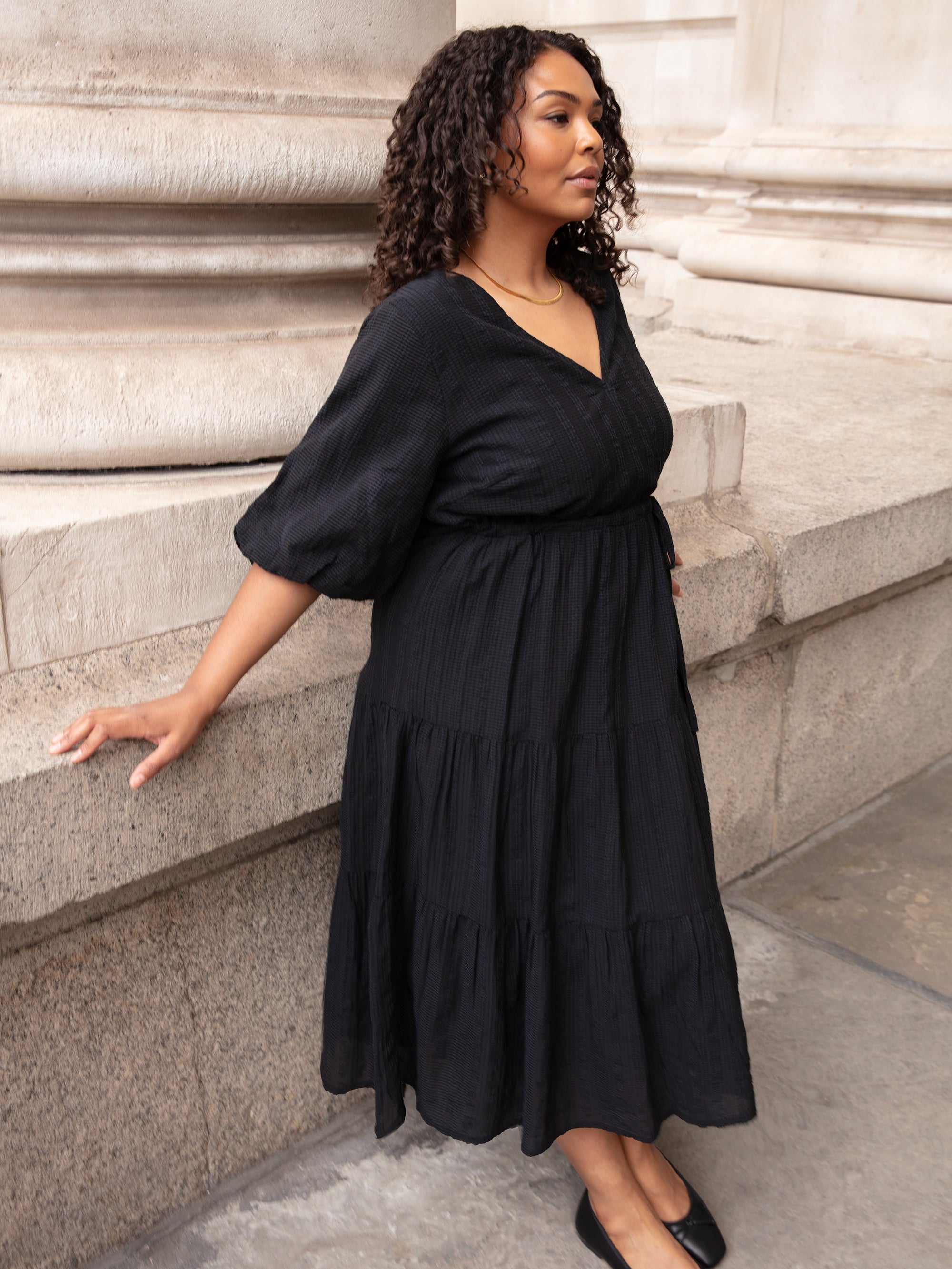 Black Textured Tiered Midi Dress