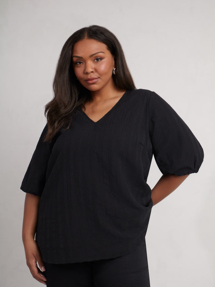 Black Textured Puff Sleeve Top