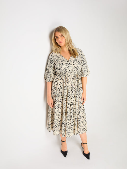 Mono Floral Wrap Midi Dress