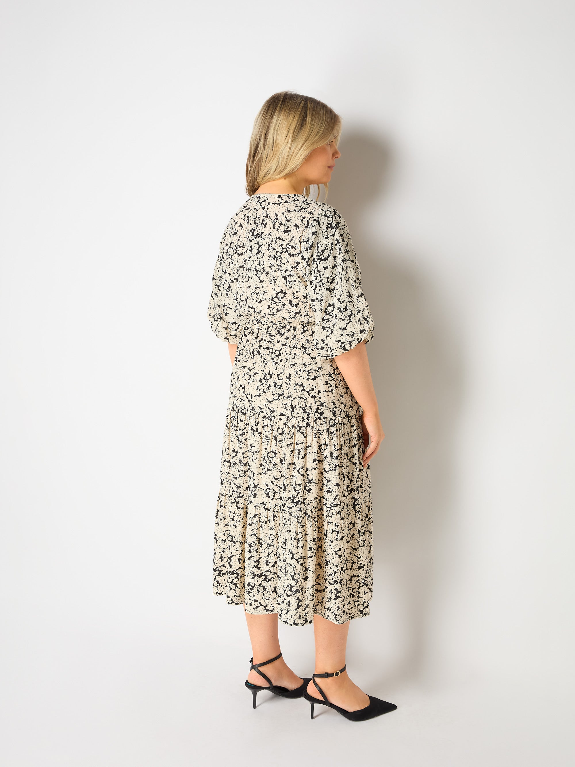 Mono Floral Wrap Midi Dress