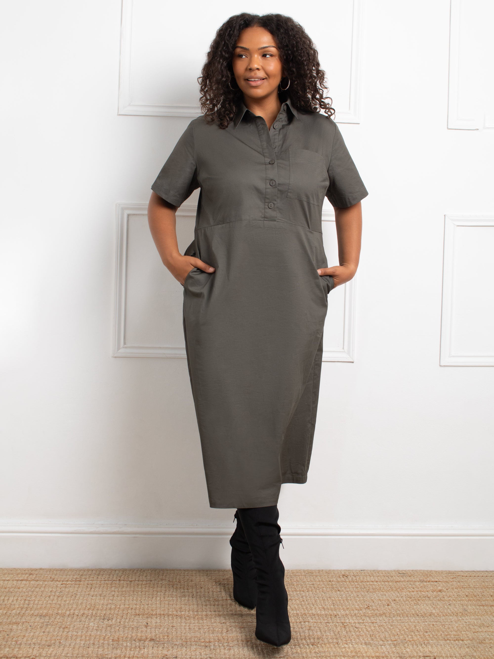 Khaki Green Cotton Utility Dress Khaki Green Cotton Utility Dress