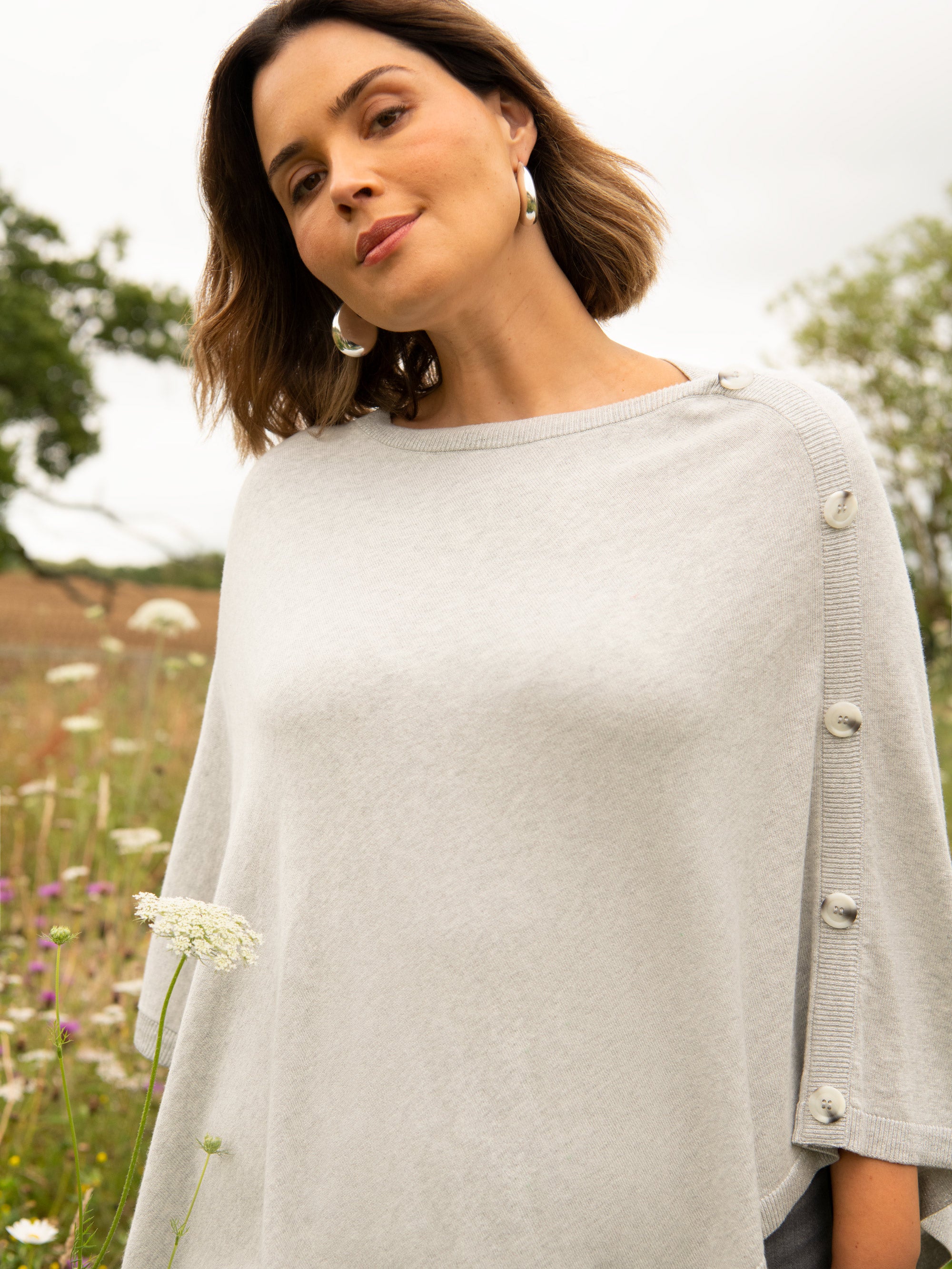 Light Grey Button Detail Poncho