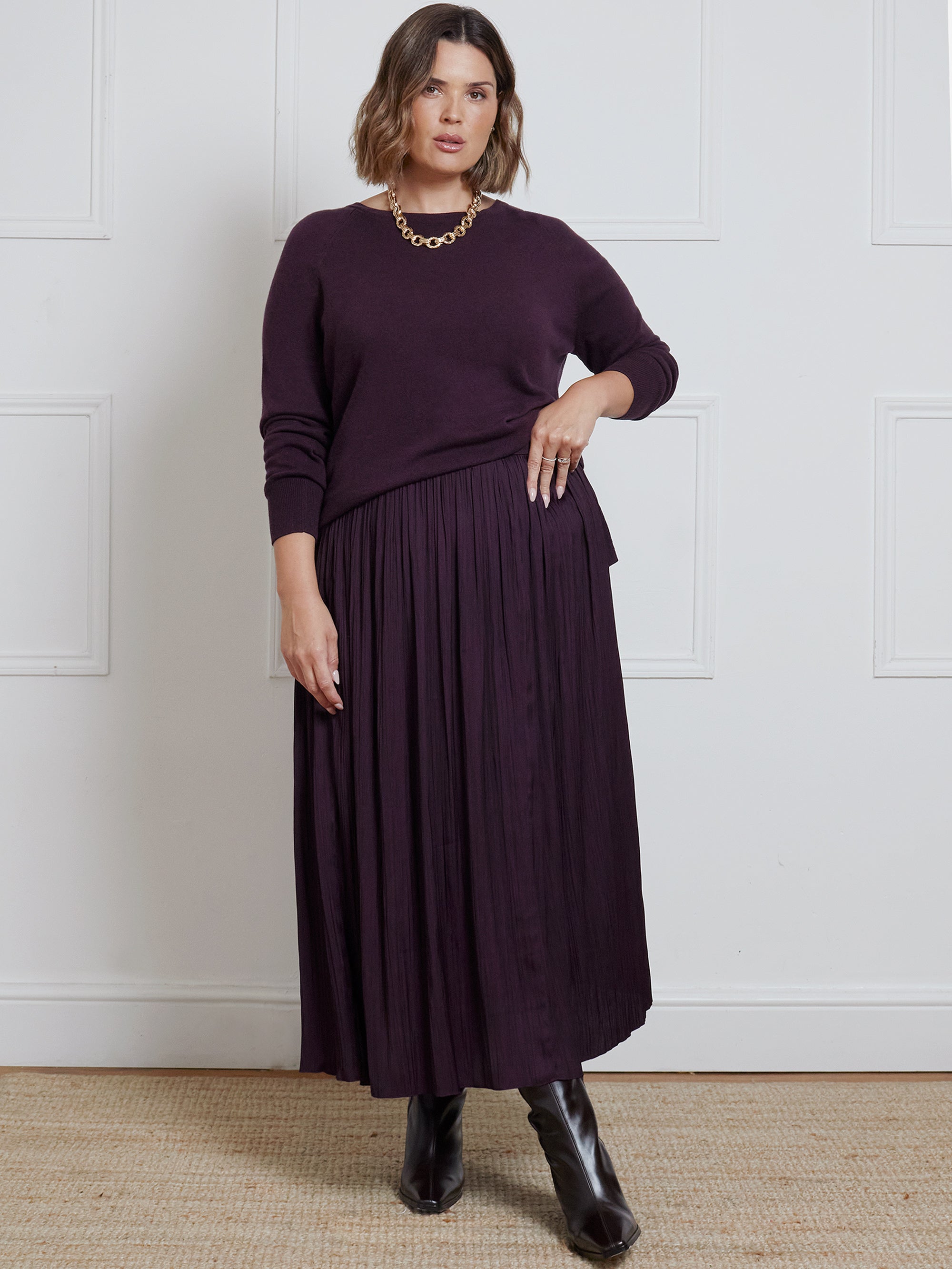 Aubergine Pleated Midi Skirt