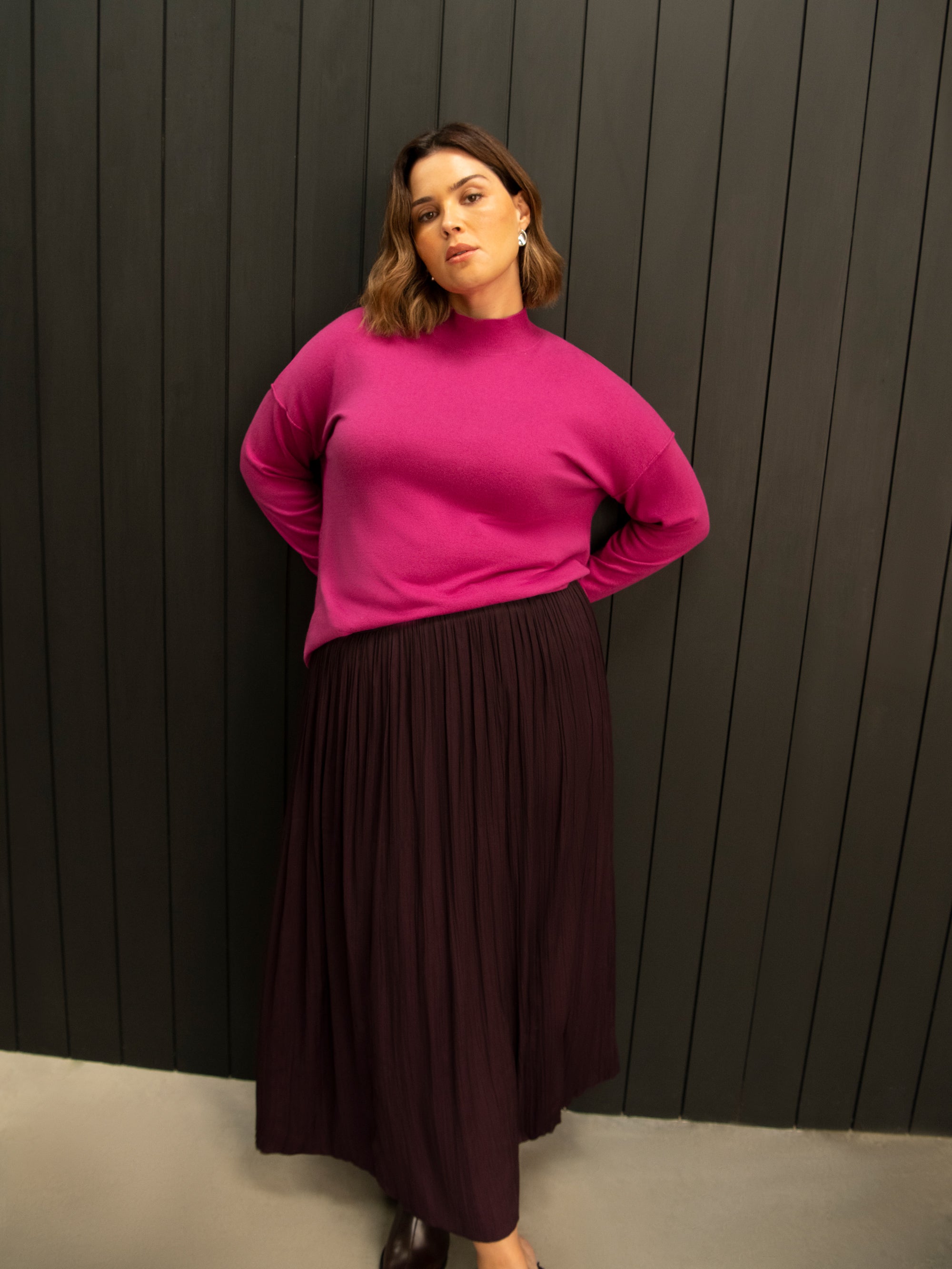 Aubergine Pleated Midi Skirt