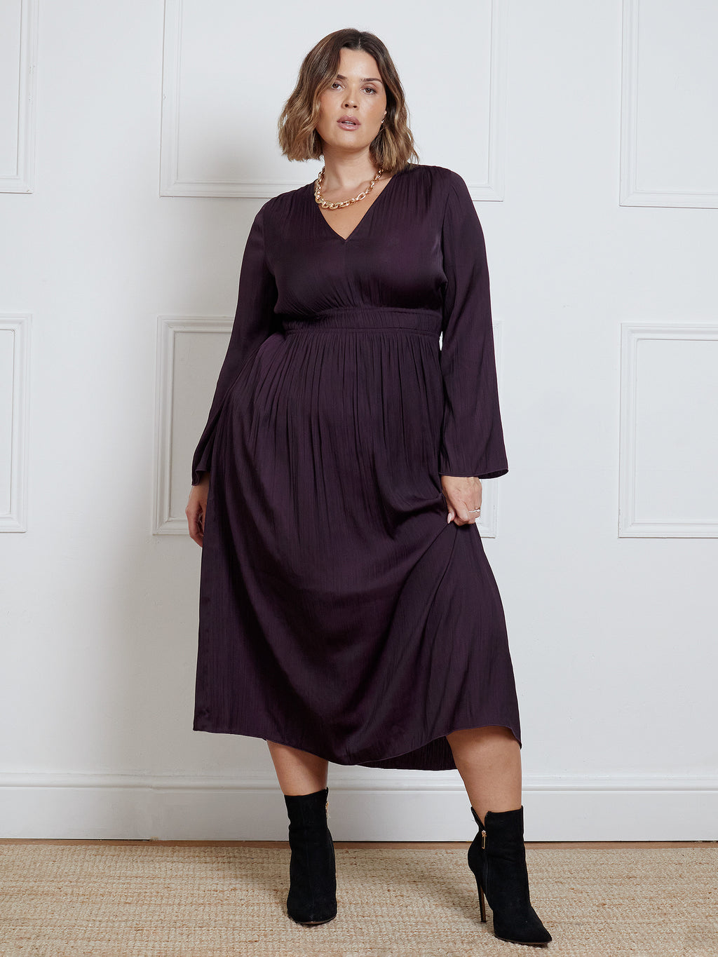 Pleated Midi Dress Black Pleated Dress With Sleeves Aubergine Pleated Midi  Dress