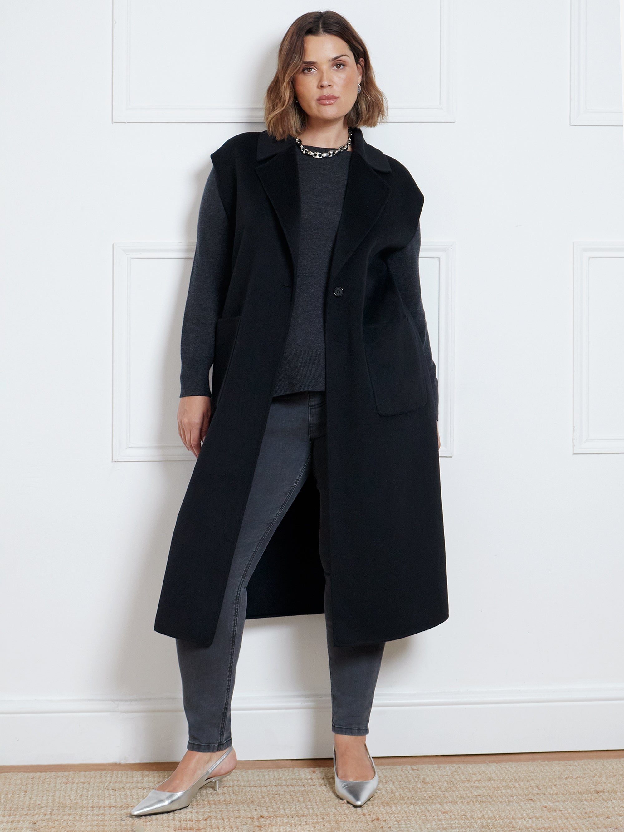 Black Wool Blend Double Faced Sleeveless Coat