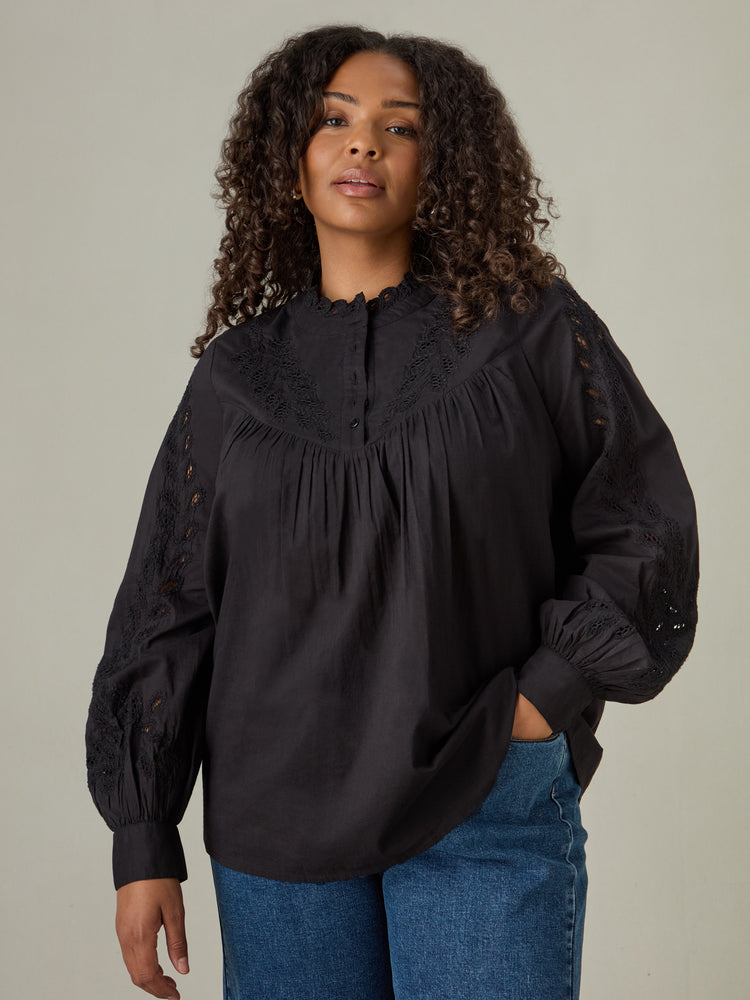 Black Cotton Cut Work Detail Blouse