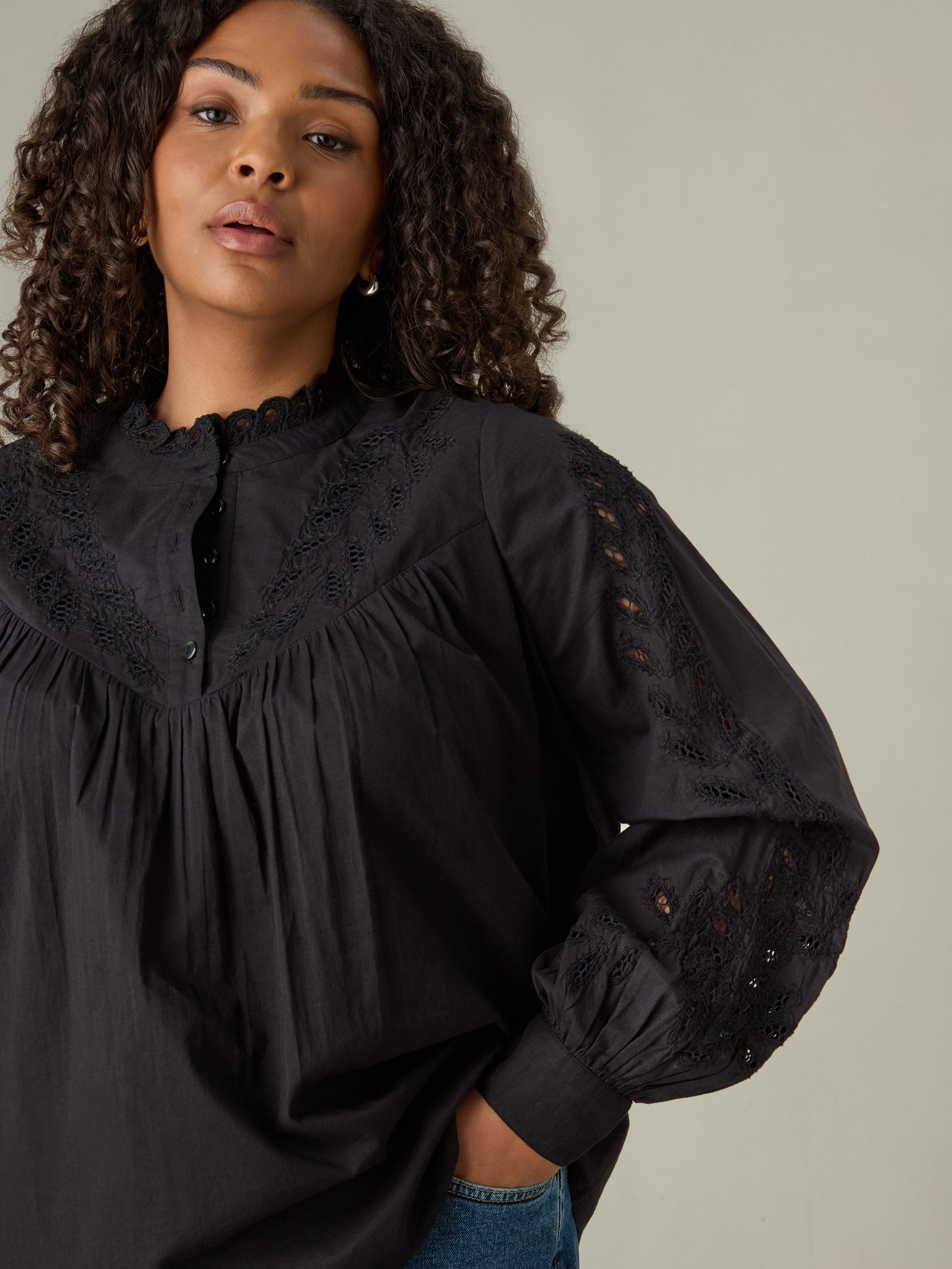 Black Cotton Cut Work Detail Blouse