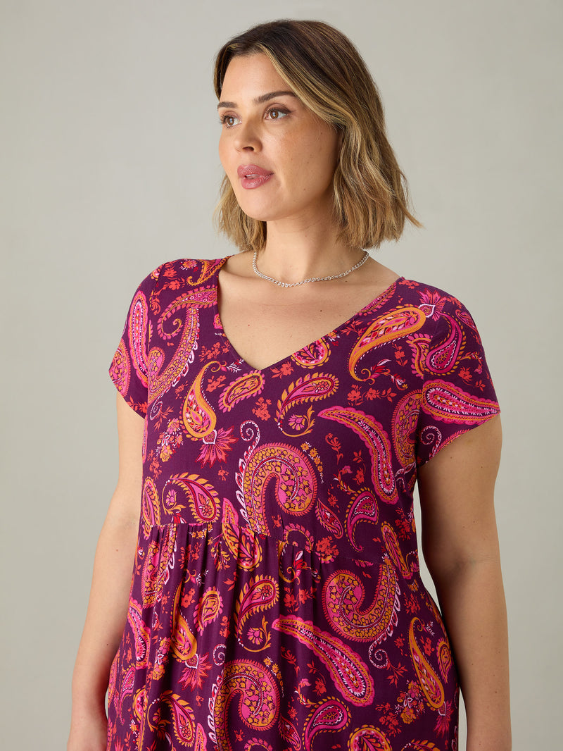 Petite Plum Paisley Tiered Midi Dress