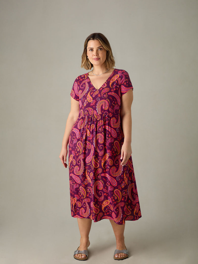 Petite Plum Paisley Tiered Midi Dress