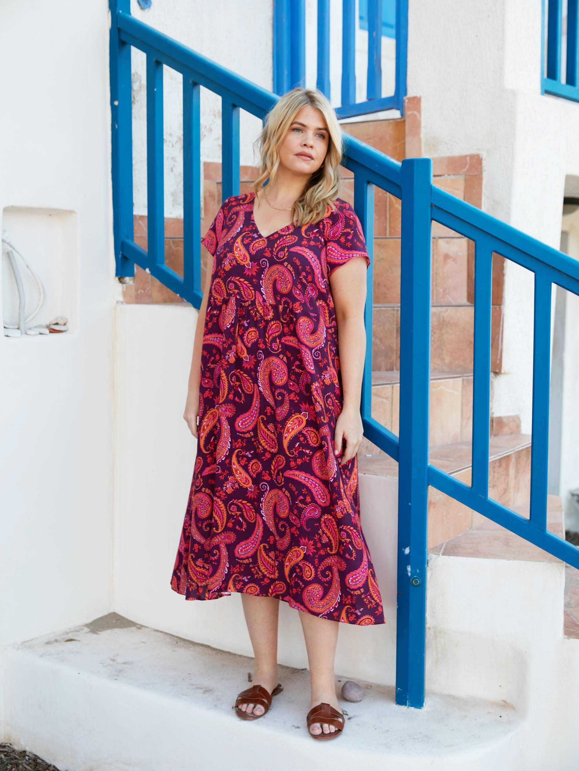 Plum Paisley Tiered Midi Dress