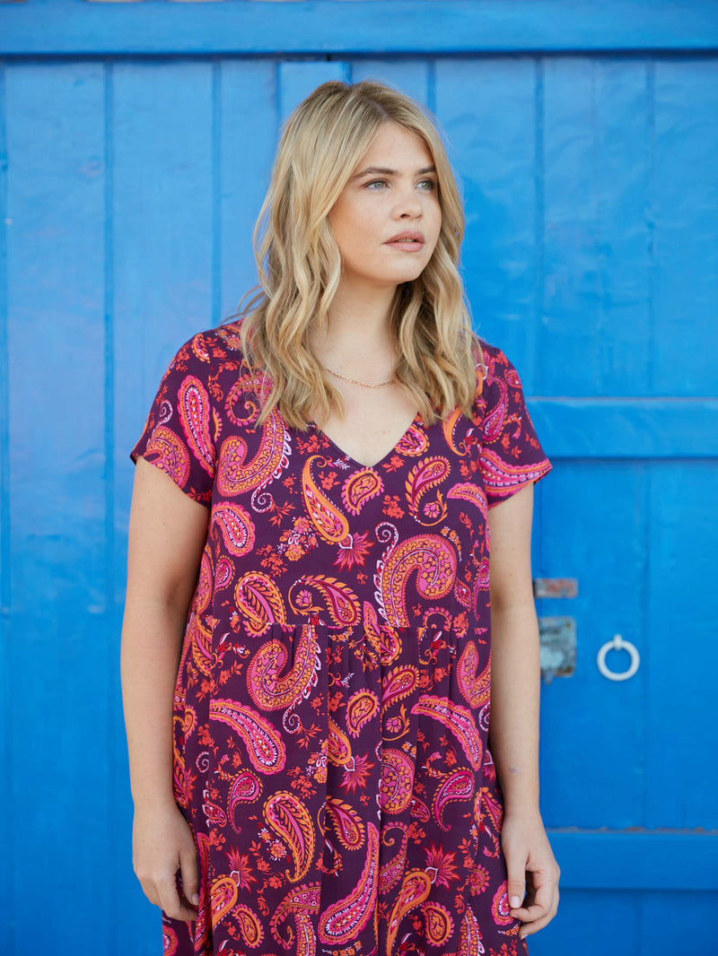 Petite Plum Paisley Tiered Midi Dress