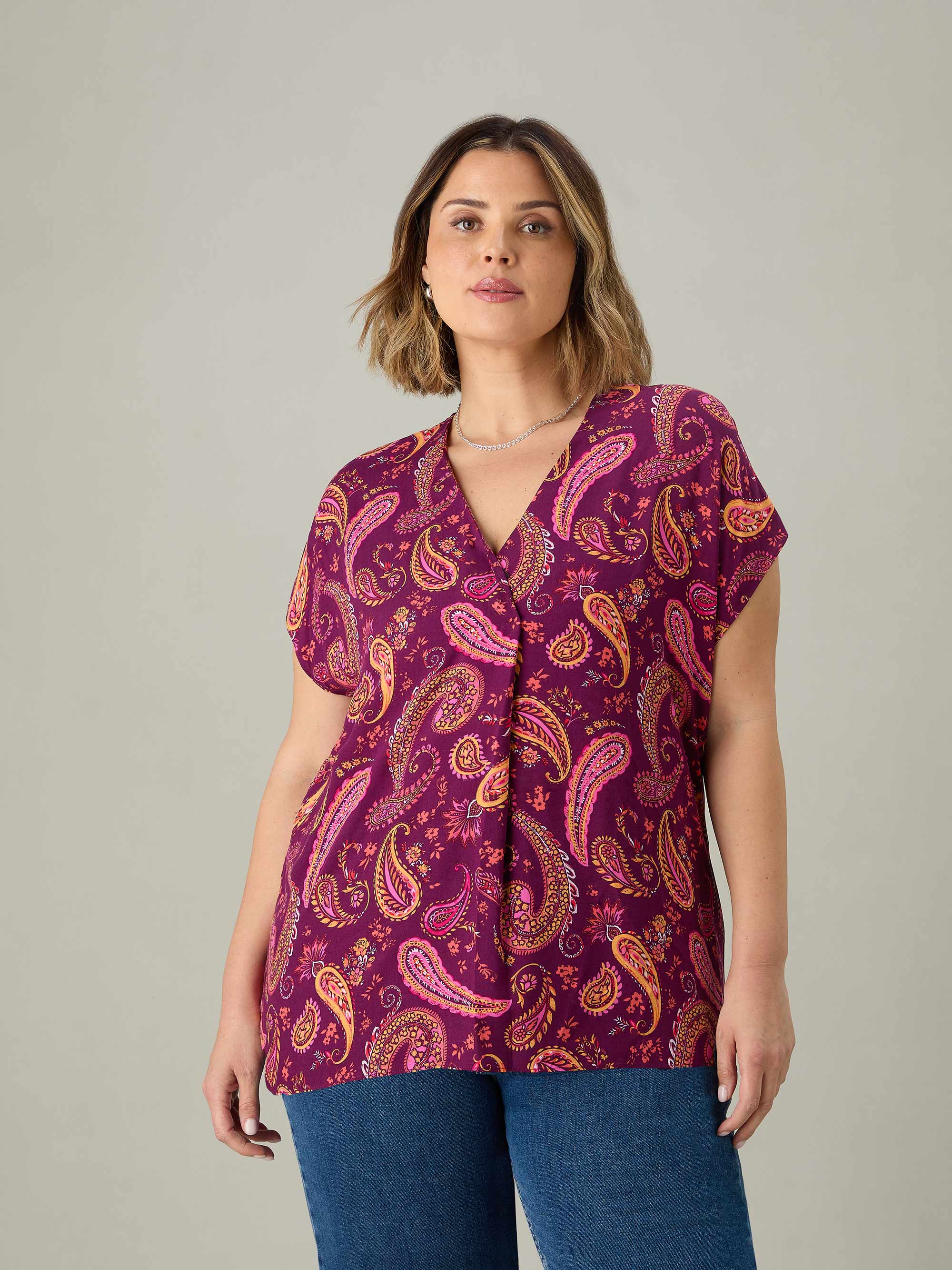 Plum Paisley Pleat Front Top