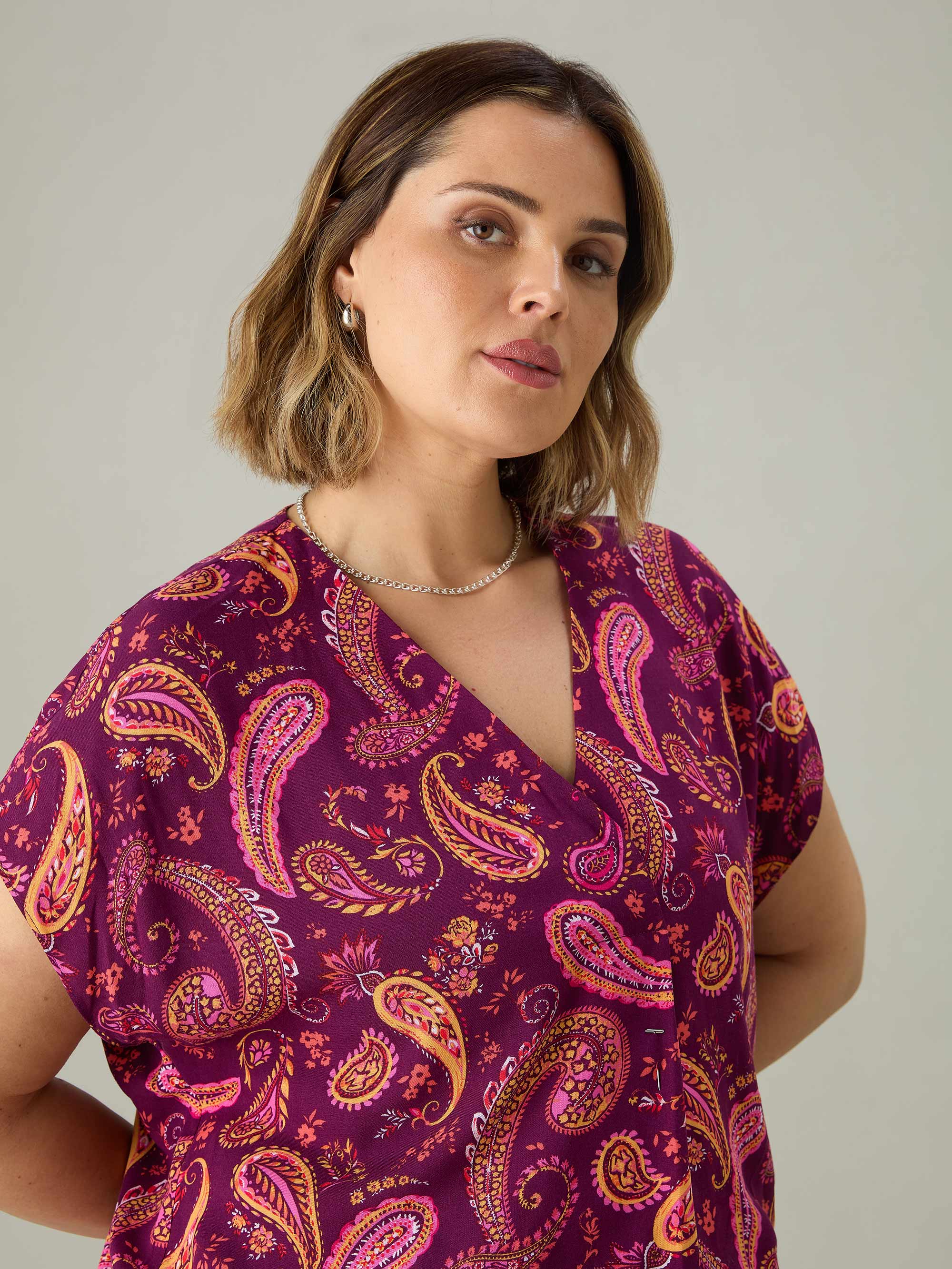 Plum Paisley Pleat Front Top