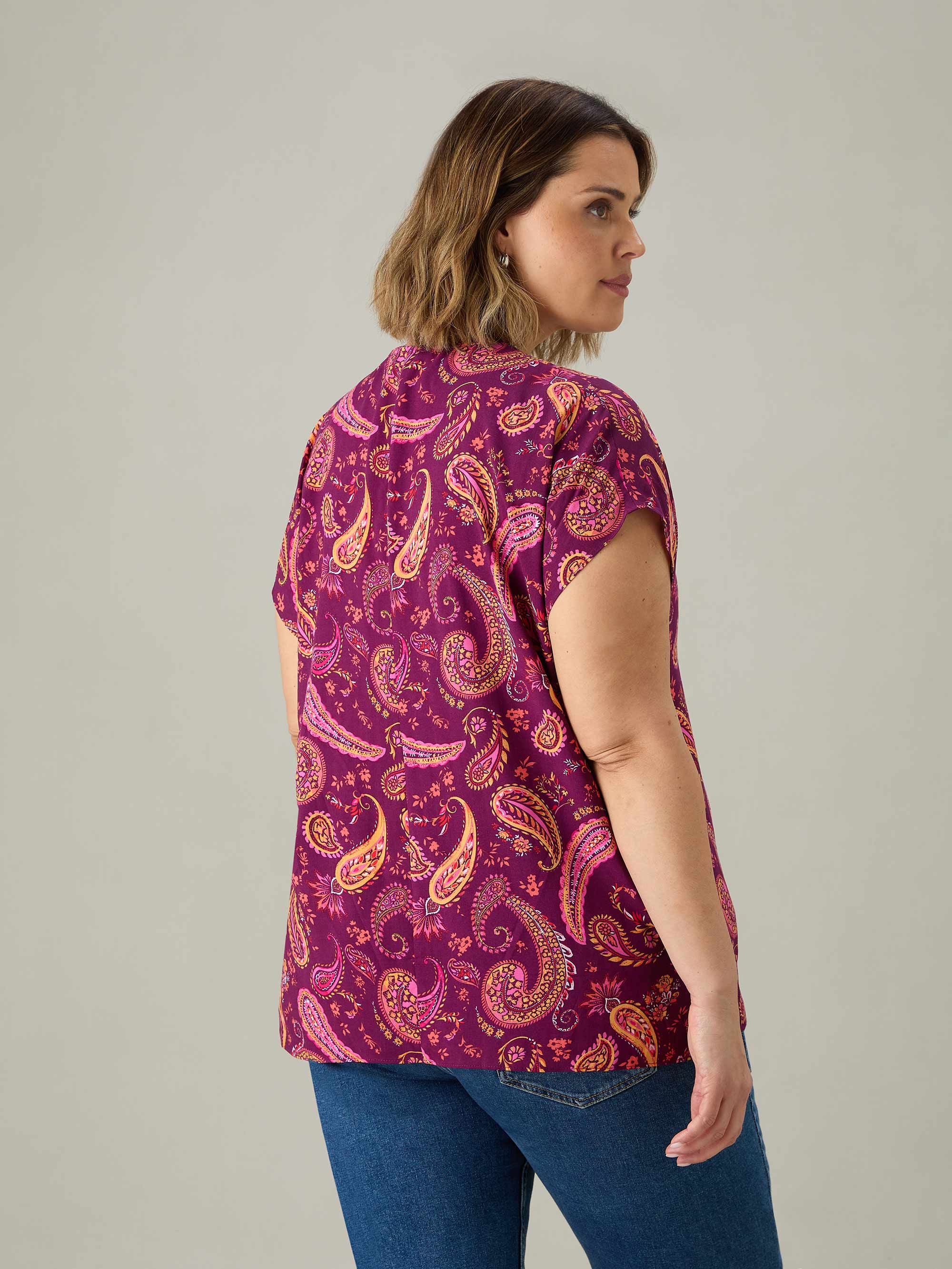 Plum Paisley Pleat Front Top